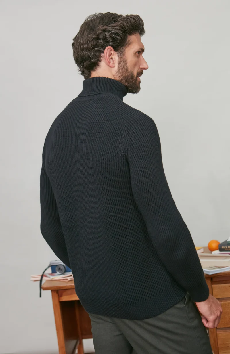 Mens Midweight Cotton Ribbed Roll Neck Jumper