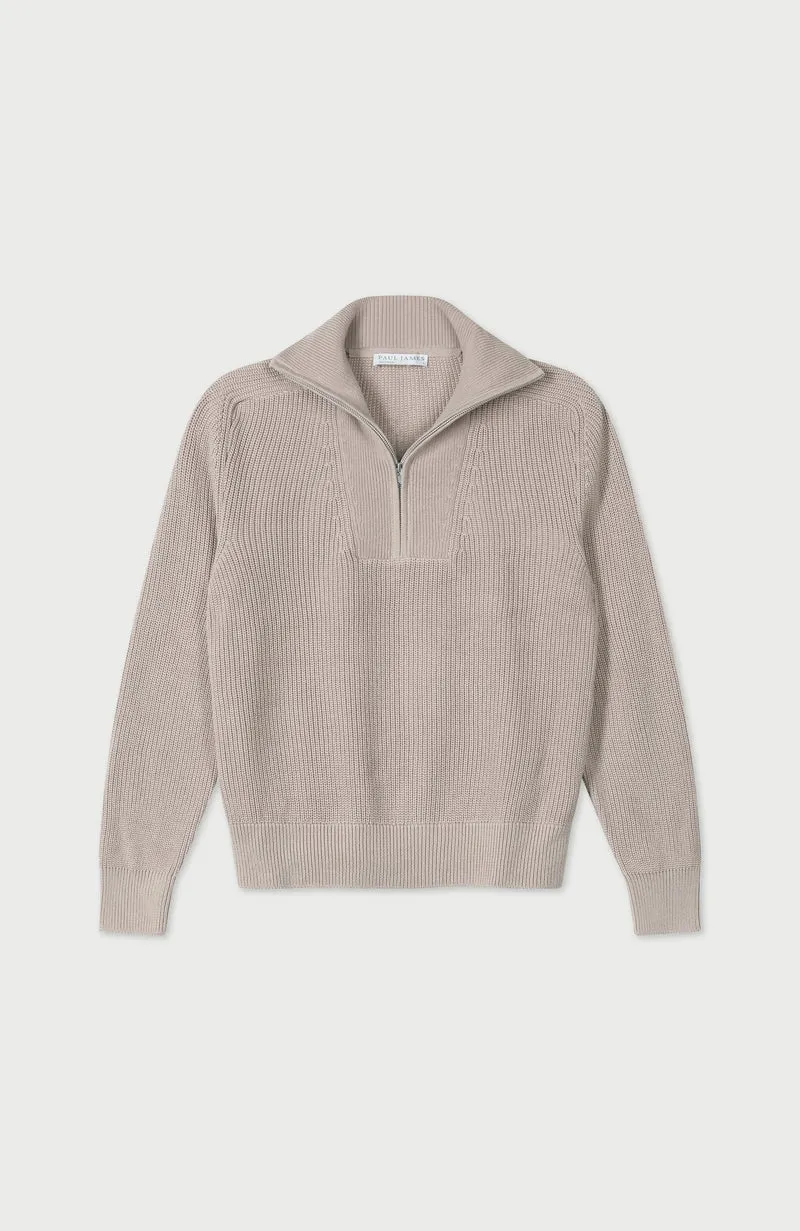 Womens Midweight Cotton Troyer Zip Neck Ribbed Jumper