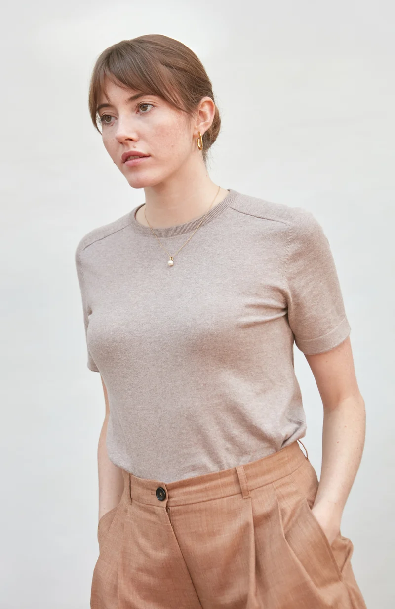 Womens Ultra Fine Cotton Saddle Shoulder Knitted T-Shirt