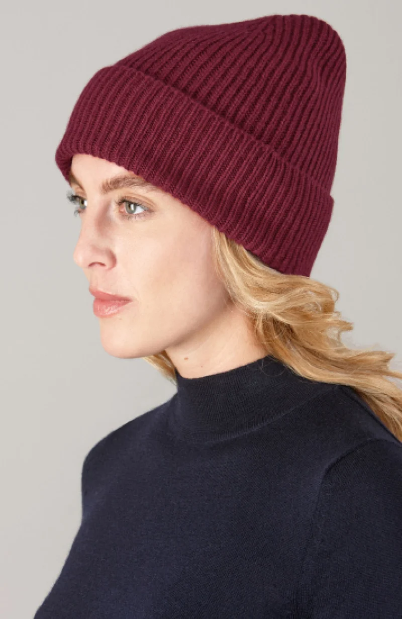100% Cashmere Ribbed Beanie Hat