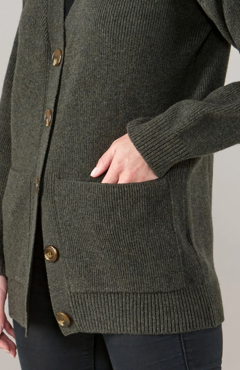 Womens Lambswool V Neck Ribbed Cardigan with Pockets