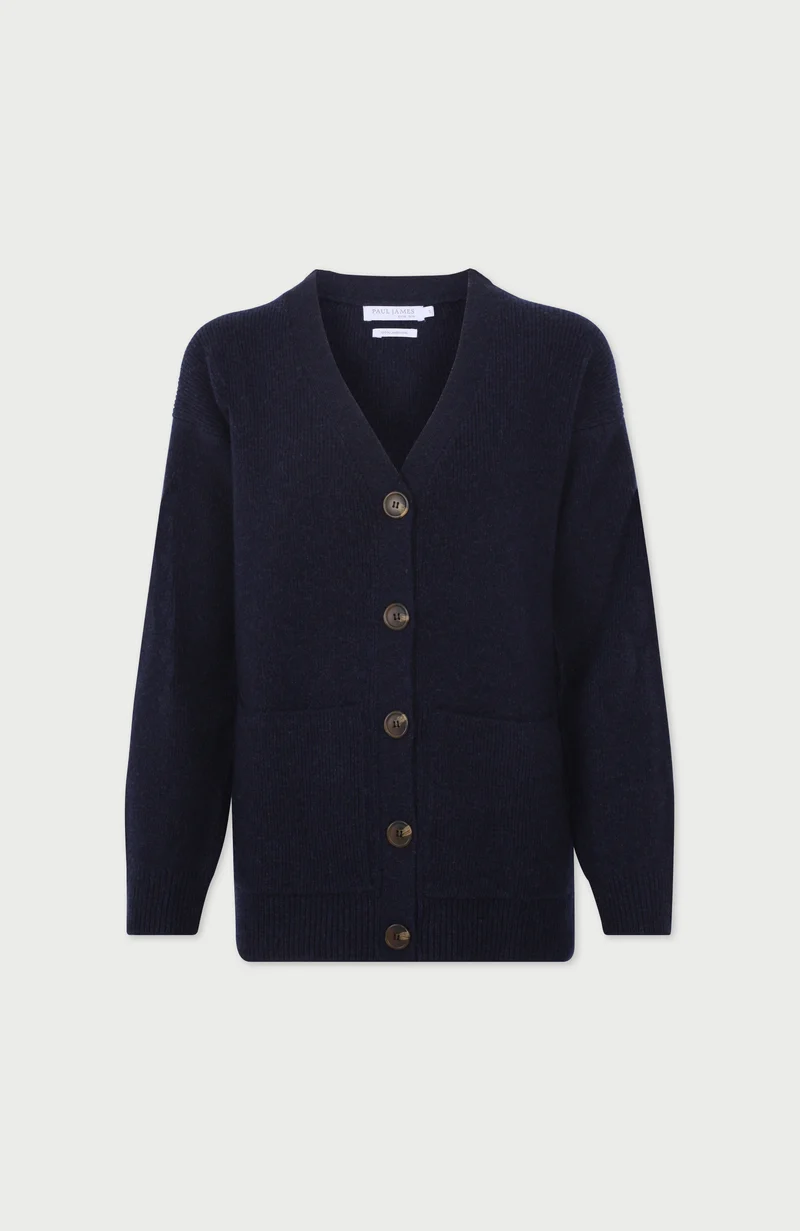 Womens Lambswool V Neck Ribbed Cardigan with Pockets