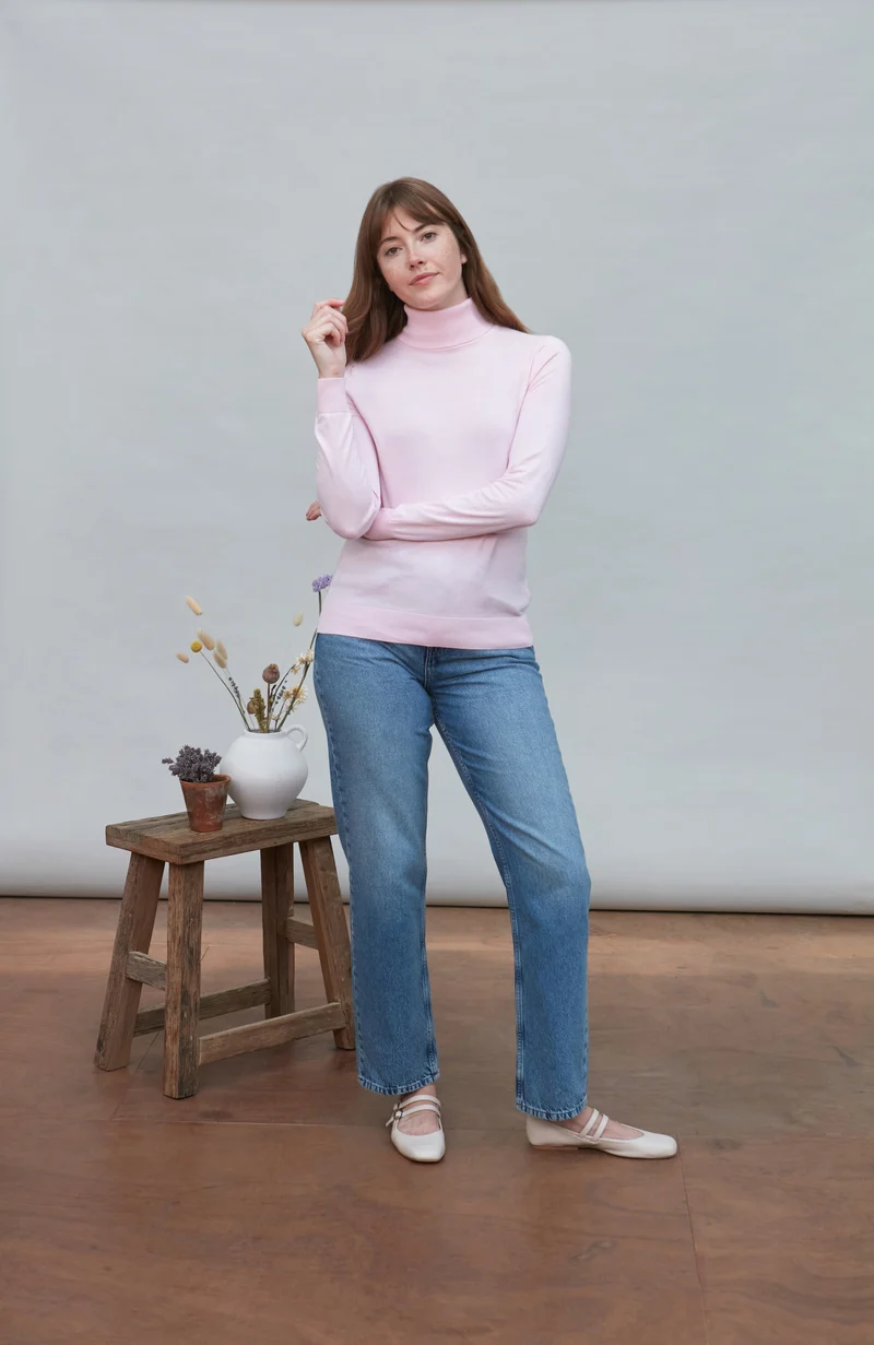 Womens Ultra Fine Cotton Roll Neck Long Sleeve Jumper