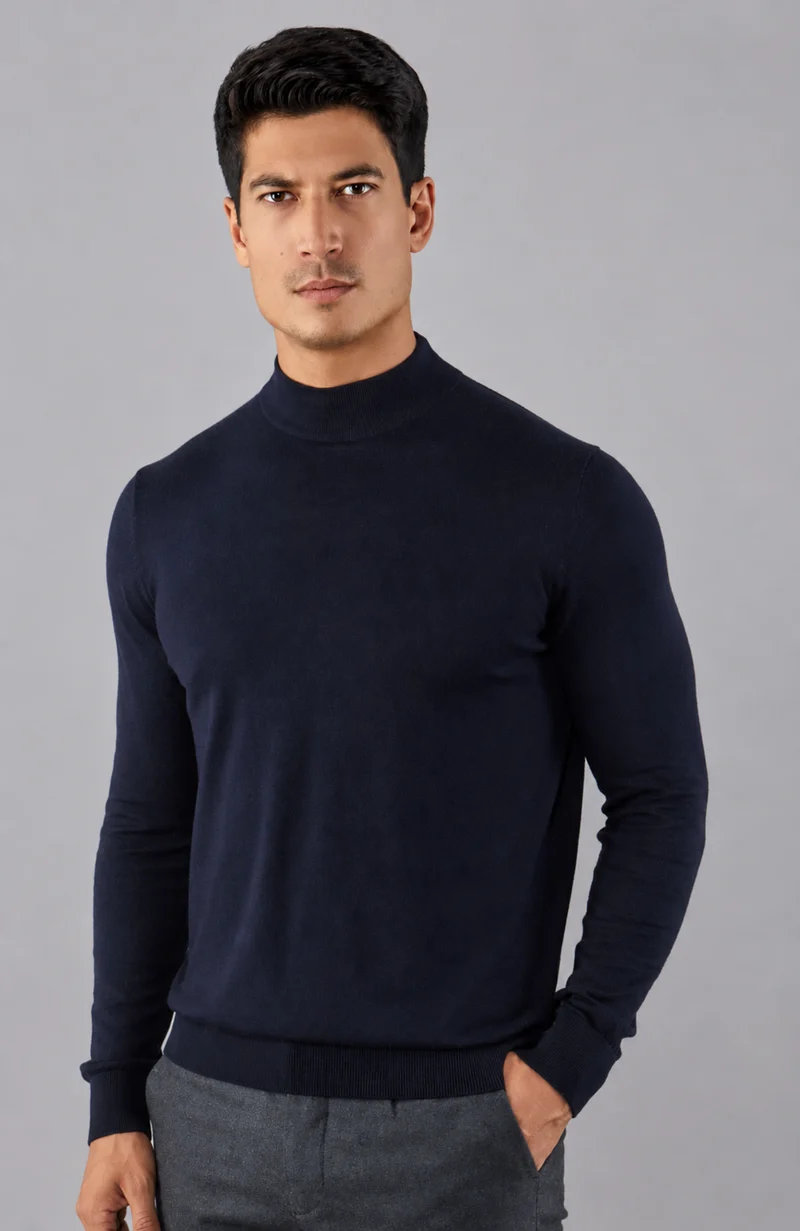 Mens Ultra Fine Cotton Mock Turtle Neck Jumper