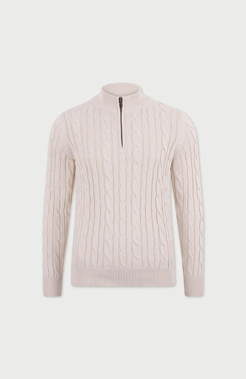 Mens Midweight Cotton Cable Zip Neck Jumper