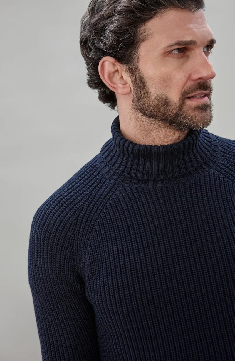 Mens Midweight Cotton Fisherman Rib Knit Roll Neck Jumper