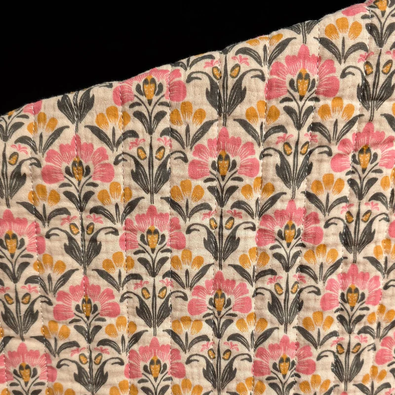 Double Gaze Matelassée Réversible | Fleurs vintage & rayures rose