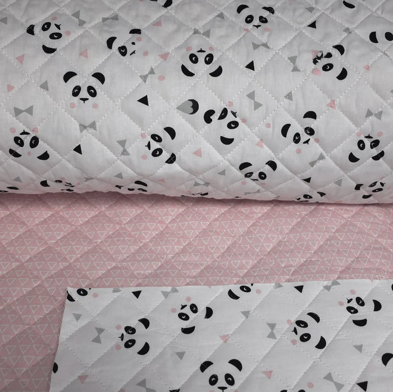 Coton matelassé réversible | Panda & Triangles blush | Rose doux