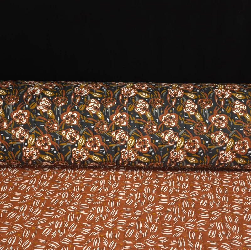 Coton matelassé réversible | Floral charbon & Feuilles rouille