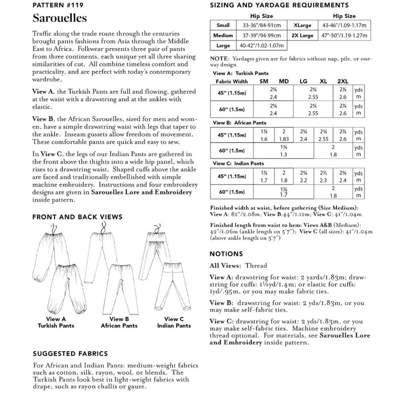 Patron de couture PDF | 119 Sarouelles | Folkwear | UNISEXE