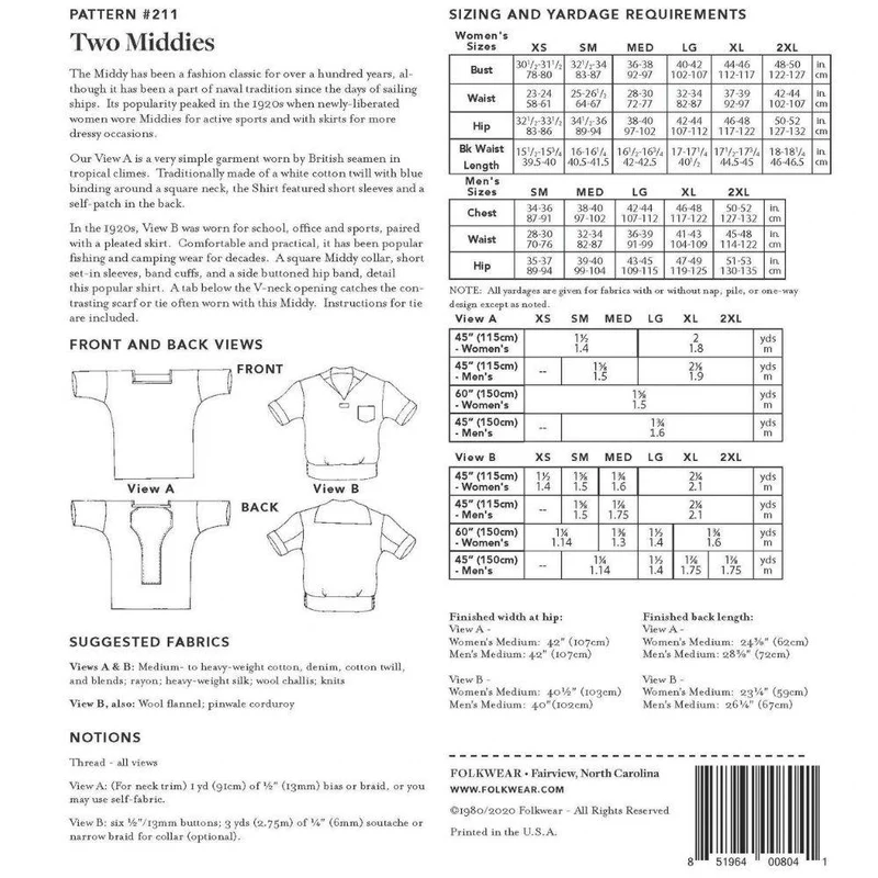 PATRON DE COUTURE PDF | 211 Two Middies | Folkwear | UNISEXE