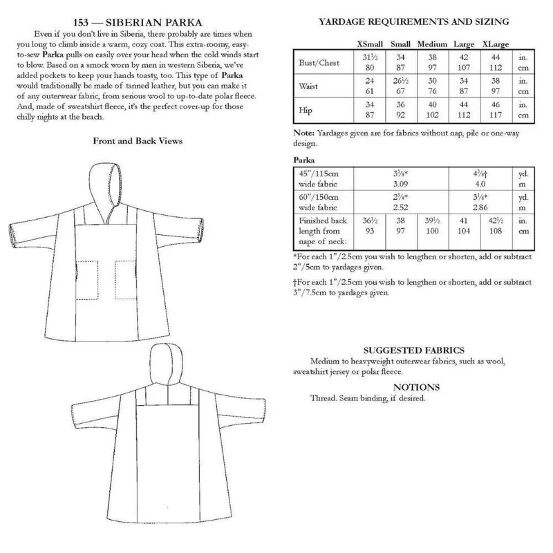 PATRON DE COUTURE PDF | 153 Parka sibérien | Folkwear | UNISEXE