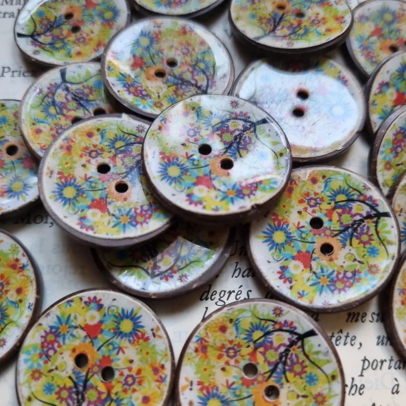 Boutons 22 mm en Noix de Coco imprime fleur
