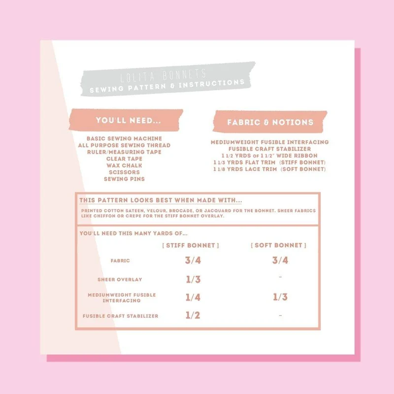 PATRON DE COUTURE PDF | 025 Bonnets Lolita | CUT/SEW | ANGLAIS SEULEMENT | A4 SEULEMENT