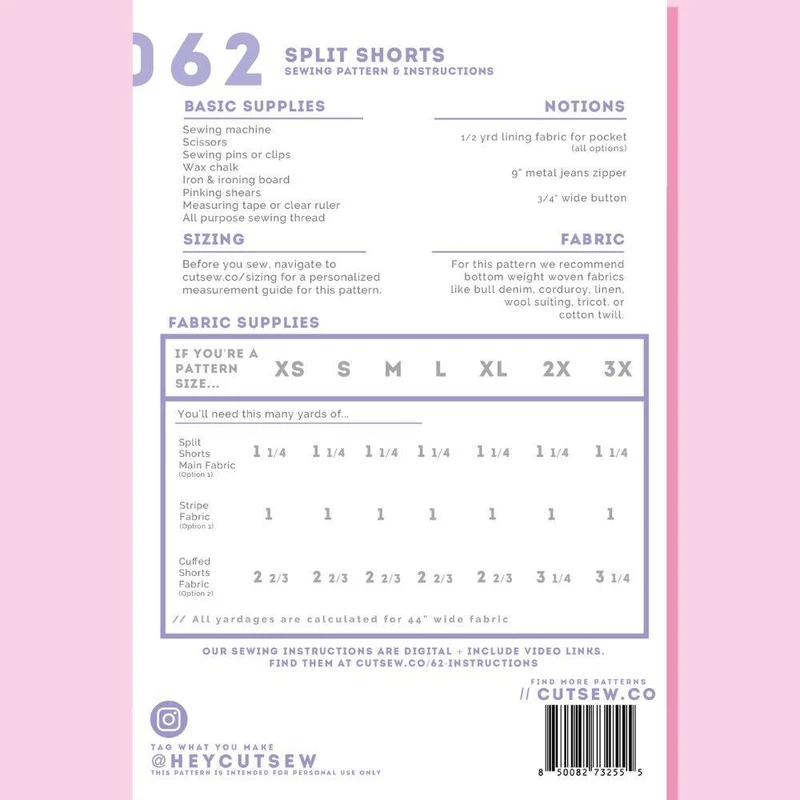 PATRON DE COUTURE PDF | 062 Short Fendu | CUT/SEW | ANGLAIS SEULEMENT | A4 SEULEMENT | UNISEXE