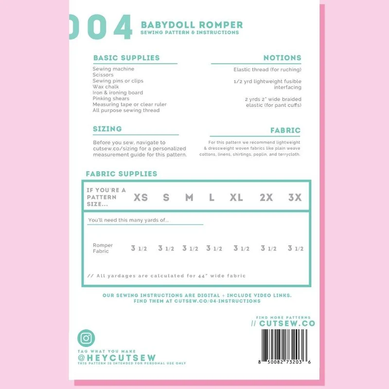 PATRON DE COUTURE PDF | 004 Combishort Babydoll | CUT/SEW | ANGLAIS SEULEMENT | A4 SEULEMENT