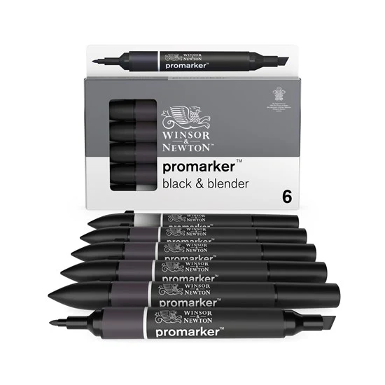 Set of 6 Promarker Black And Blender