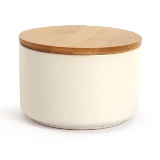 Ceramic Candle Jar w/ Bamboo Lid - 10 x 8 cm