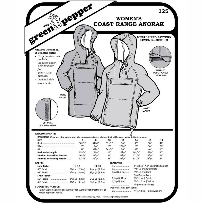 PATRON DE COUTURE PDF | Anorak Coast Range (femme) | The Green Pepper