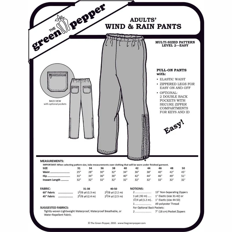 PATRON DE COUTURE PDF | Pantalon coupe-vent et imperméable (adulte) | The Green Pepper