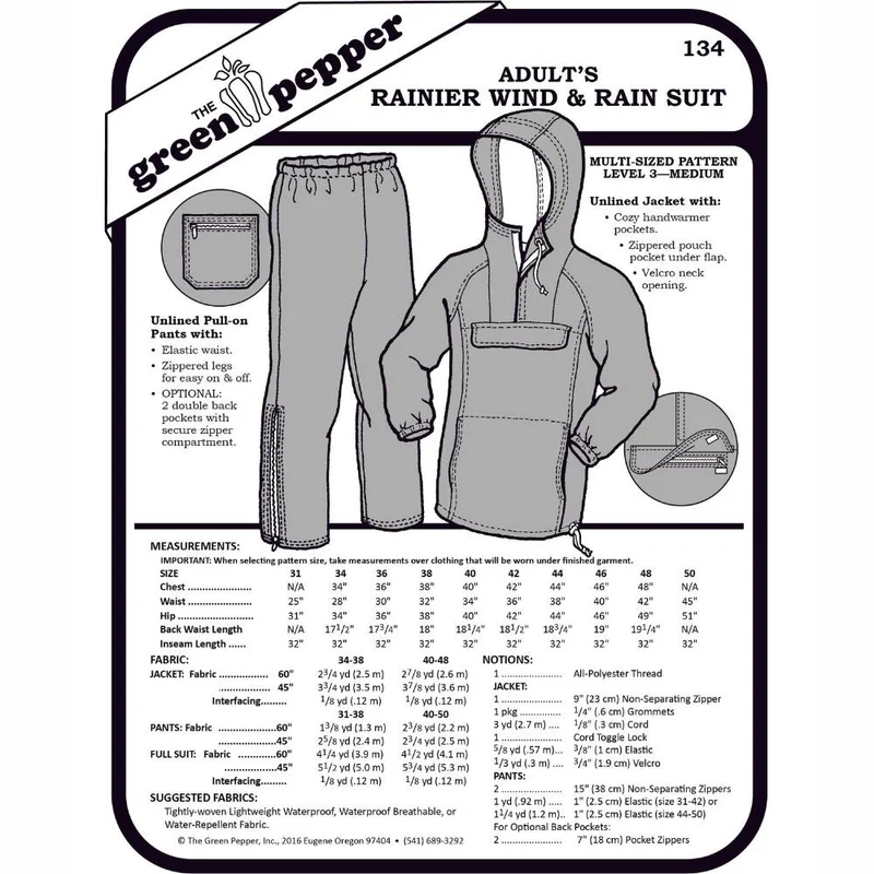 PATRON DE COUTURE PDF | Ensemble imperméable Rainier (adulte) | The Green Pepper