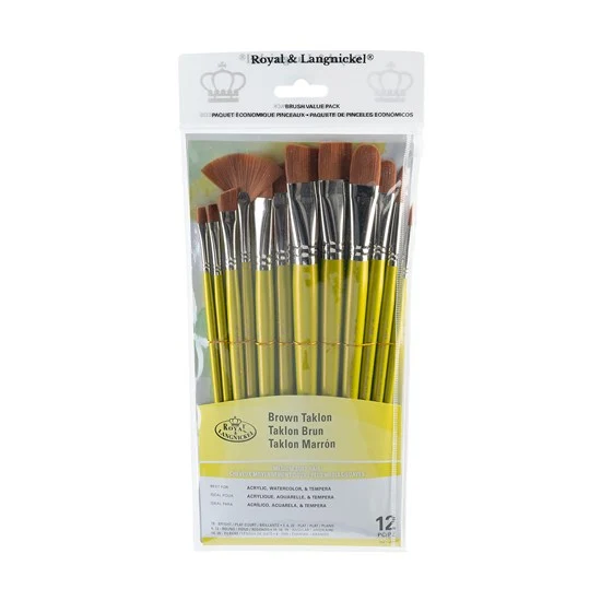 Set of 12 Brown Taklon Brushes Bright/Flat