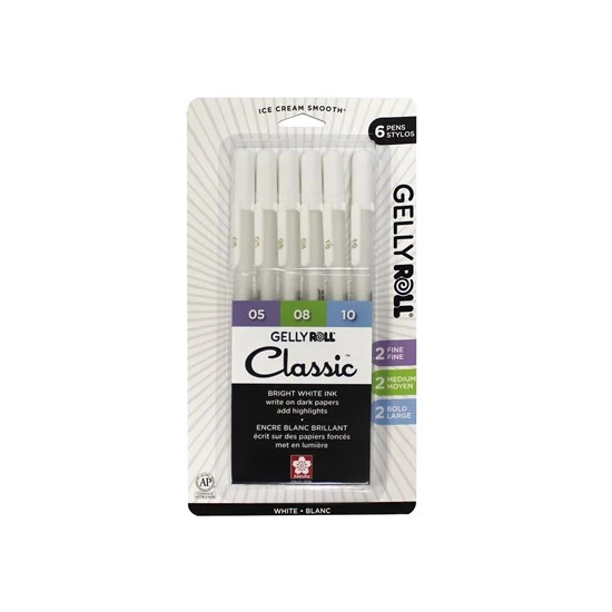 Set of 6 gel pens gelly roll white assorted tips