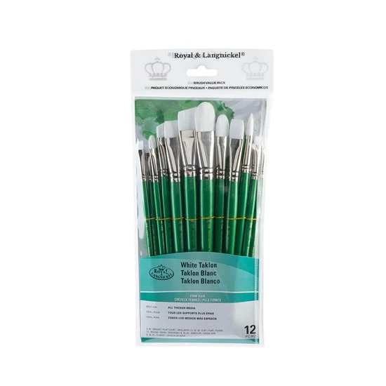 Set of 12 White Taklon Brushes Bright/Filbert