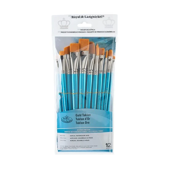 Set of 12 Gold Taklon Brushes Bright/Flat