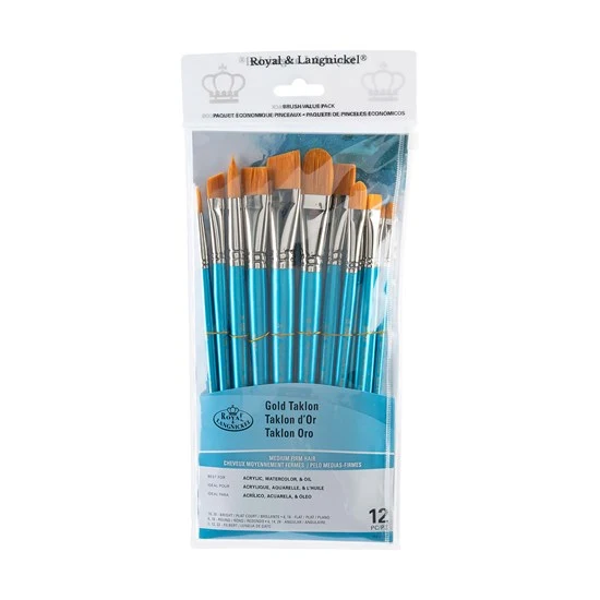 Set of 12 Gold Taklon Brushes Bright/Angular