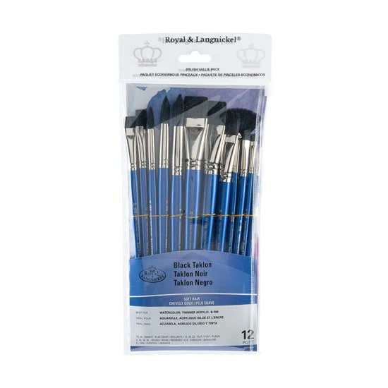 Set of 12 Black Taklon Brushes Bright/Flats