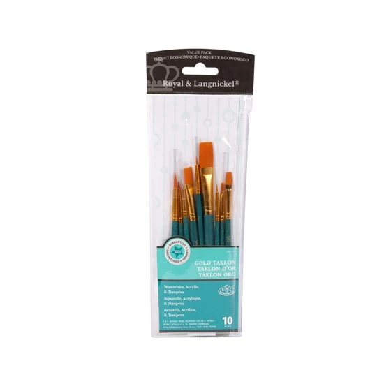 Set of 10 Gold Taklon Brushes Short Handle
