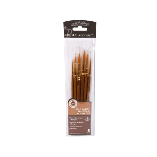 Set of 6 Gold Taklon Brushes Short Handle Round