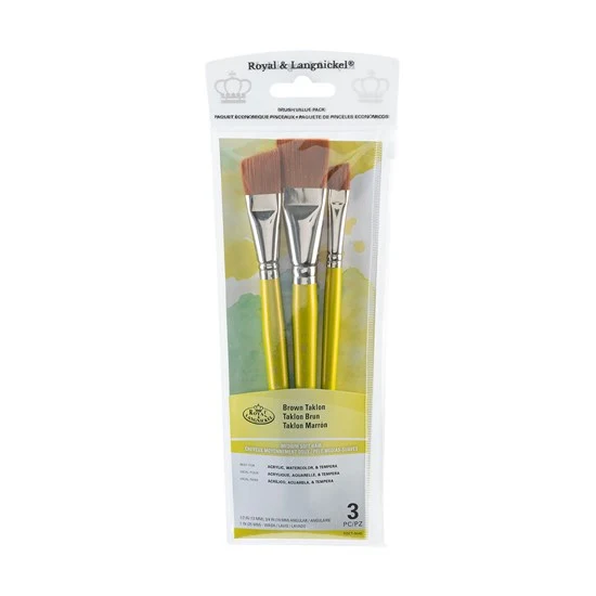 Set of 3 Brown Taklon Brushes Wash/Angular