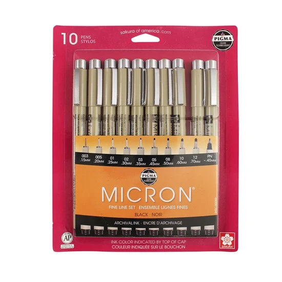 Set of 10 markers pigma micron black fine lines