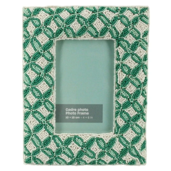Green & ivory glass beads hand embroidered photo frame