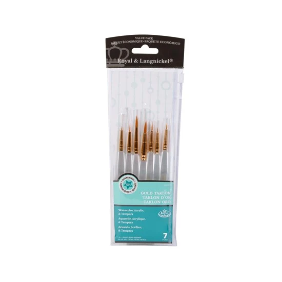 Set of 7 Gold Taklon Brushes Short Handle Details