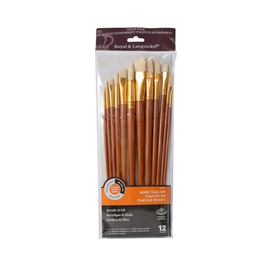 Set of 12 Bone Taklon Brushes Long Handle Flat