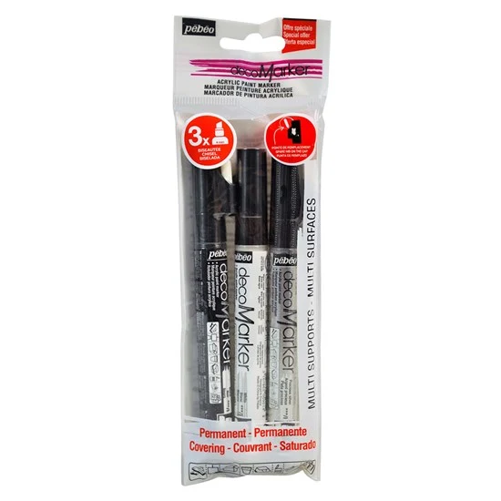 Pk 3 acrylic markers - 4mm - black white silver