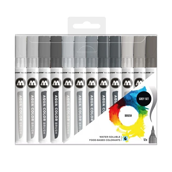 Set of 12 Aqua Color Brush Markers Grey